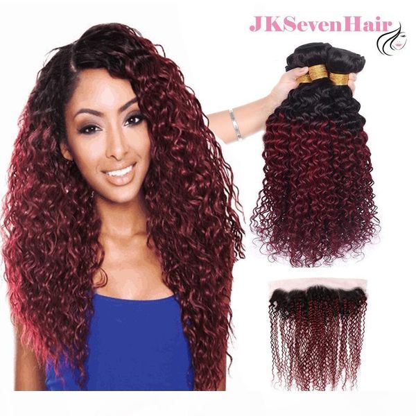 

two tone burgundy peruvian human hair bundles 3pcs with lace frontal curly wave 1b burgundy malaysian indian remy hair with 13x4inch frontal, Black