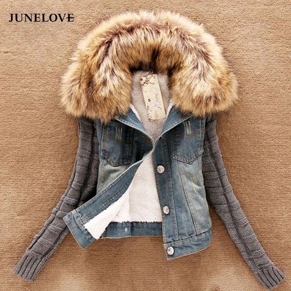 

junelove 2019 women denim jacket faux fur warm coat casual clothing overcoat female jeans coat vintage ladies outwear1, Black;brown
