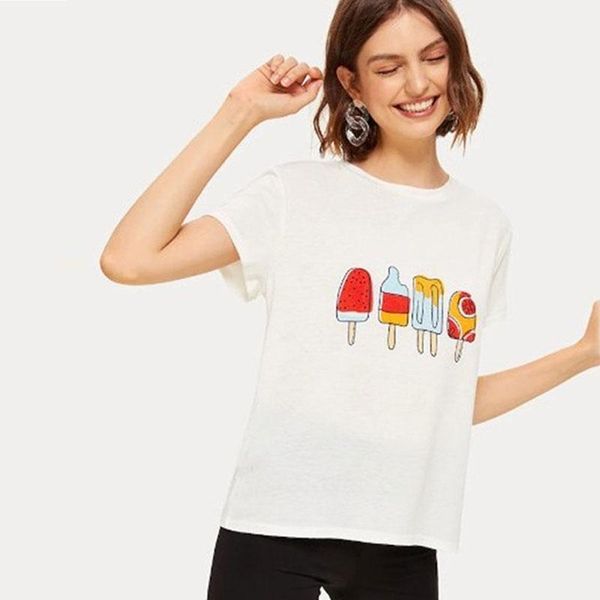 

women's t shirt o neck short sleeve print, White
