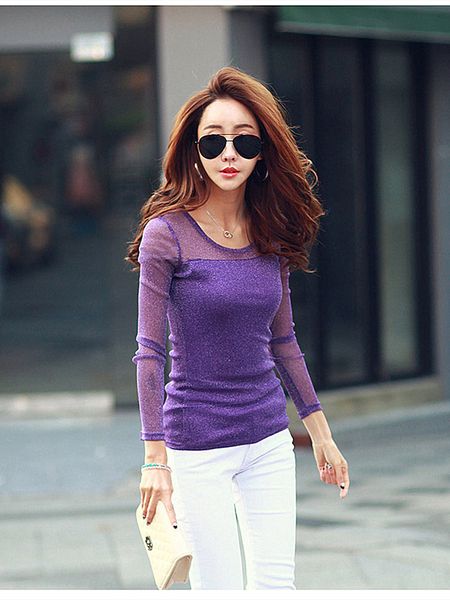 

spring new 2020 silk seam shiny mesh solid color woman's bottom with long sleeves thin shirt savage women's clothes 5l5f 4neq, White