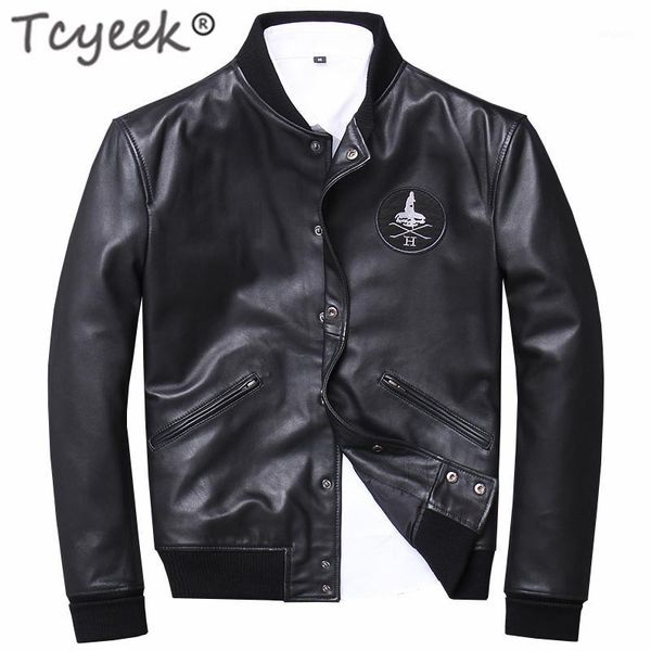 

tcyeek streetwear 5xl genuine leather jacket men clothes 2019 fashion mens sheepskin leather coat moto & biker short jackets 7251, Black