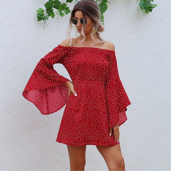 

2021 new off the torticollis chiffon shoulder a party fashion flared red polka summer dot dressed casual skinny female cuu4, Black;gray
