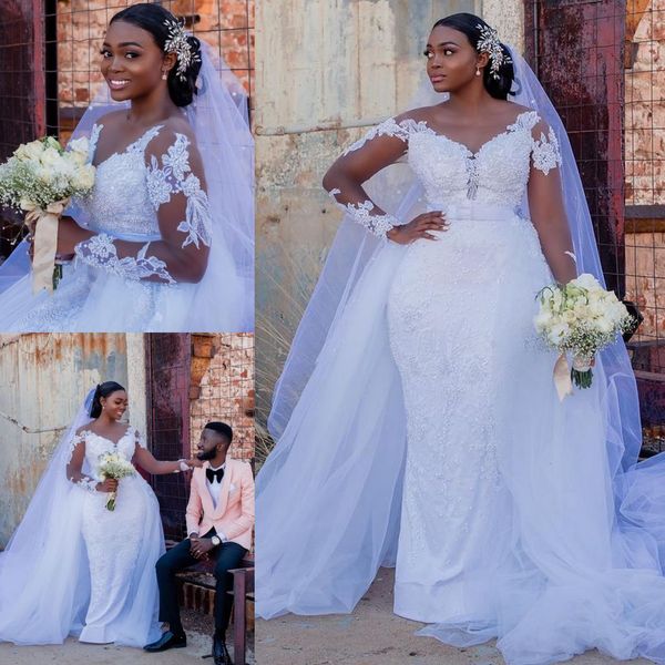 

plus size south african mermaid wedding dresses with detachable train pearls beading lace full sleeve bridal gowns197y, White