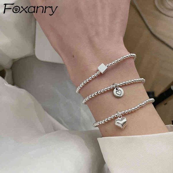 

foxanry ins fashion 925 sterling silver string of beads bracelets cute smiley love heart accessories trendy party jewelry, Golden;silver