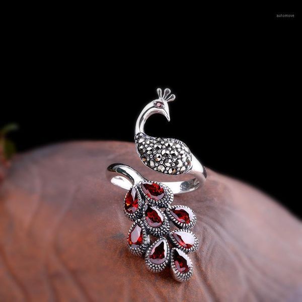 

genuine solid sterling silver peacock ring 925 wedding womens jewellery with red garnet natural stone adjustable fine jewelry1, Golden;silver