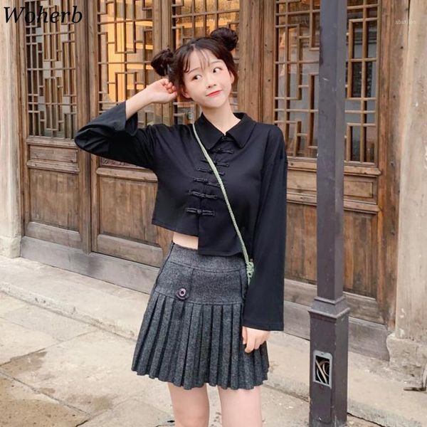 

women's blouses & shirts woherb chinese style women spring summer 2021 sweet girls short asymmetrical fashion long sleeve blusas mujer1, White