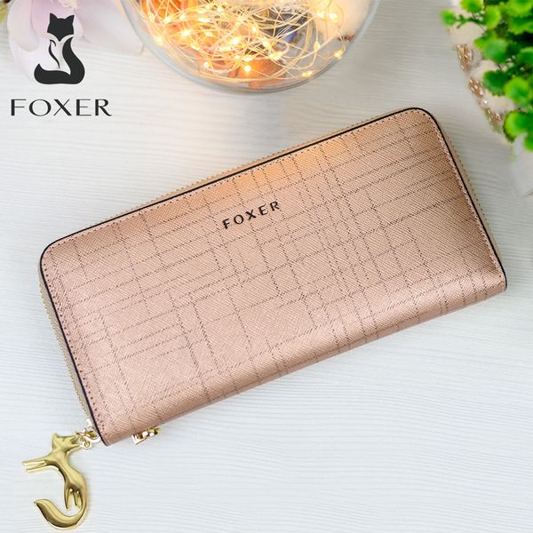 

foxer women split leather wallet bifold clutch bag with wristlet card holder fashion coin purse cellphone bag female evening bag c1223, Red;black