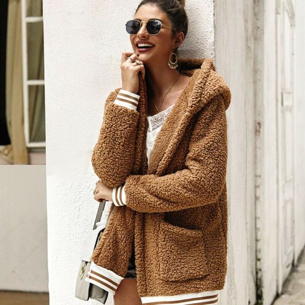 

women's jackets womens winter warm teddy bear fleece fur fluffy zip coat jumper outwear lady hooded outerwear coats casual 1, Black;brown
