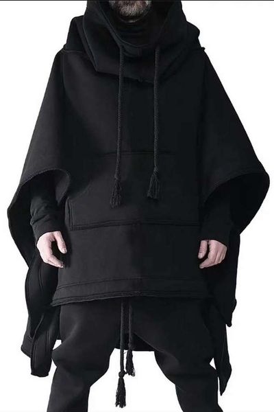 

cloak cape mid-length bat hoodie autumn and winter men mandarin collar long men's personality coat woolen shawl front short and back le, Black