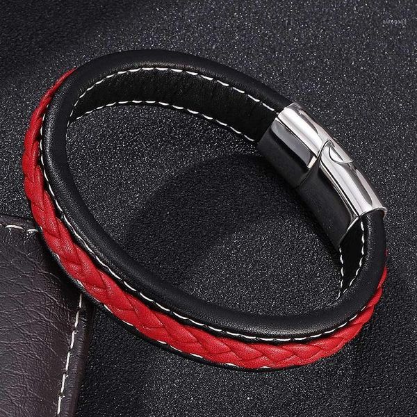 

charm bracelets personality black red leather bracelet men jewelry stainless steel magnetic clasps male wrist band fashion bangles gifts s00, Golden;silver