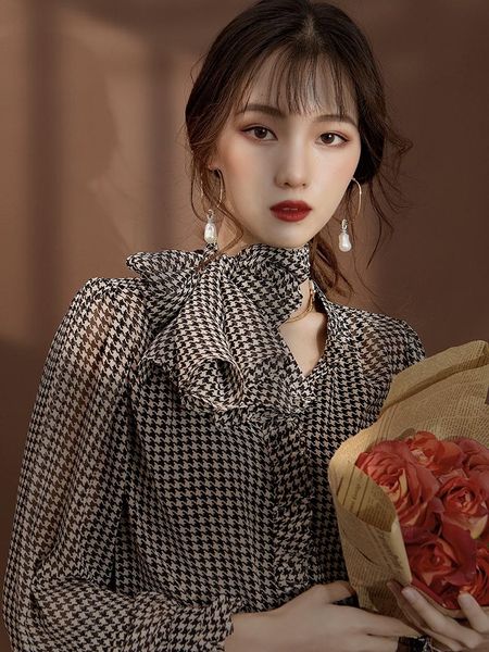 

women's blouses & shirts houndstooth retro french design shirt 2021 temperament regular casual bow polyester, White