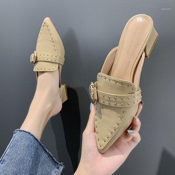 

square heel shoes woman 2020 female slippers low rivet luxury slides cover toe block new designer autumn hoof heels fashion1, Black