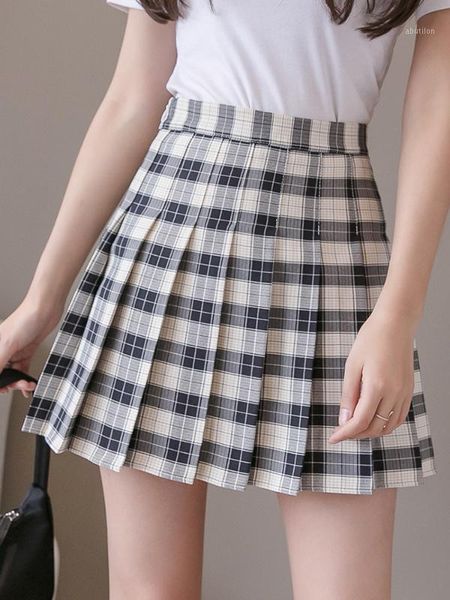 

skirts woman skirt pleated plaid high waist a line 2021 spring summer wild short anti-light safety pant s l1, Black