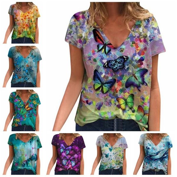 

2021 summer women's short sleeve v-neck printed t-shirt, White