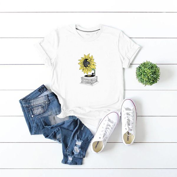 

lh20436 summer personality plant sunflower pattern printing loose round neck comfortable casual t-shirt short sleeve women, White