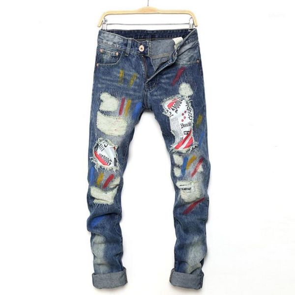 

el barco pattern print ripped holes denim jeans men hip hop streetwear slim blue male cotton pants soft patches stripe trousers1