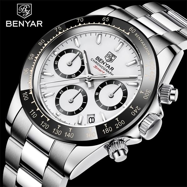 

relojes hombre benyar watches men luxury brand chronograph male sport waterproof stainless steel quartz watch 220225, Slivery;brown
