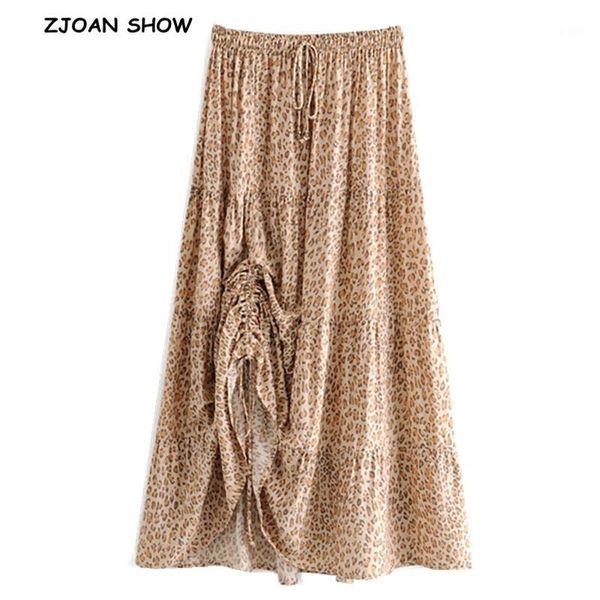 

2019 bohemian khaki leopard print long skirt women shirring stitching pleated lacing up stream elastic waist swing skirts beach1, Black