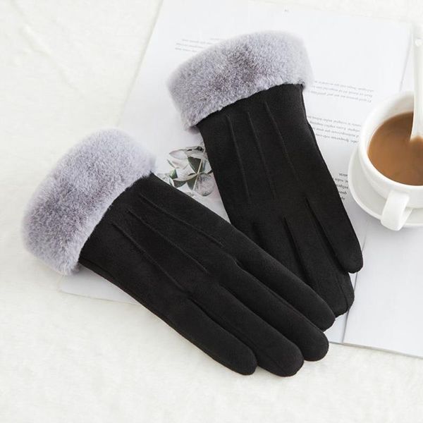 Cinq doigts gants chaud hiver dames doigt complet en cuir véritable hommes mitaine fourrure véritable cachemire pour les femmes T1C0