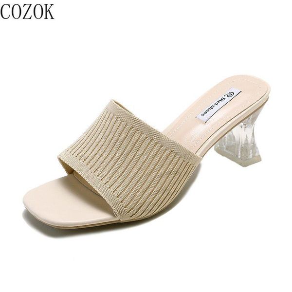 

slippers women's outdoor high-heel casual fashion all-match shoes simple knit upper trendy temperament, Black