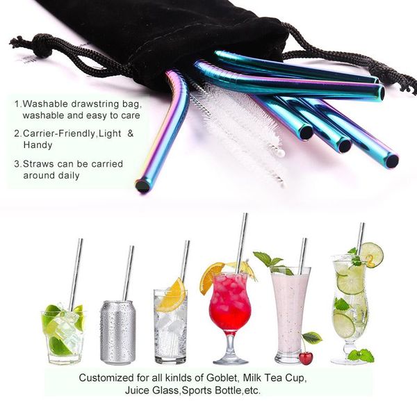 

6/8 pcs reusable metal drinking straw stainless steel sturdy bent straight drinks straws with cleaner brush party bar a sqcrhl