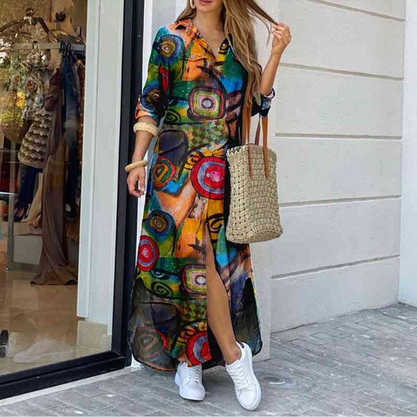 

women long sleeve shirt dress spring printed maxi dresses ladies turn-down collar loose sundress party dresses yy, Black;gray