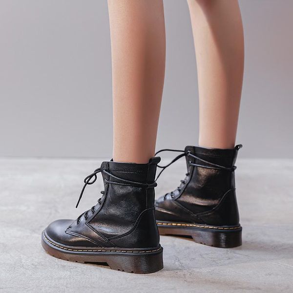 

big yards for women's shoes fashion 2021 autumn new thin lace-up motorcycle small boot rider eight hole boots, Black