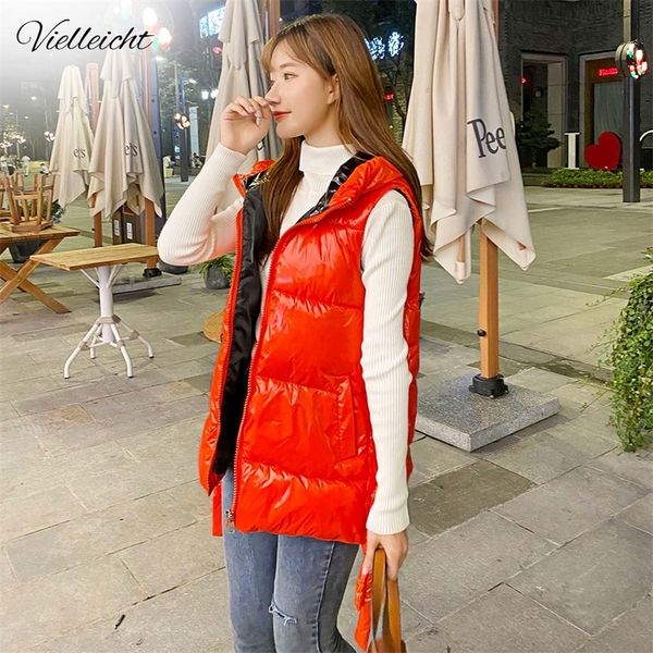 

vielleicht winter vest women waistcoat new female sleeveless jacket spliced lining hooded warm shinny short vest outwear 201211, Black;white