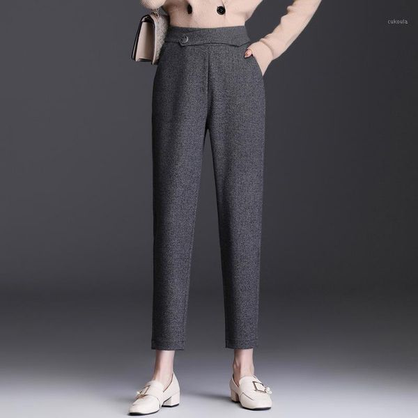 

2020 women's winter trousers woolen harem pants slim elastic waist thicken drape temperament casual ankle-length pants1, Black;white