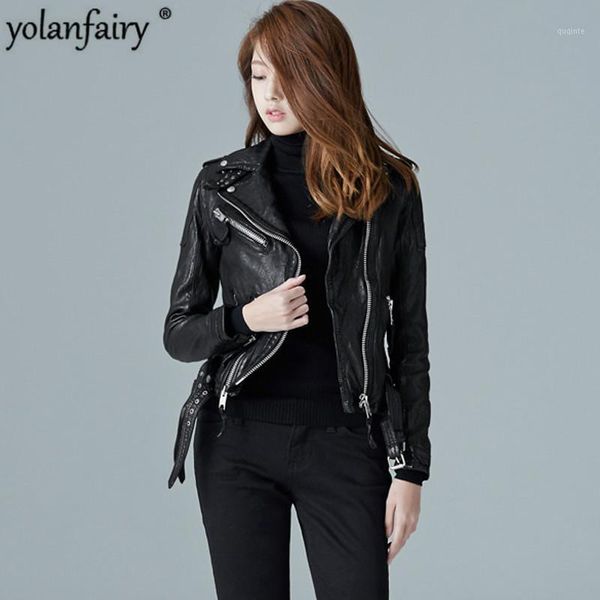 

real sheepskin jacket women genuine leather coat spring and autumn cool slim style of moto&biker street style short 2020 pwx391, Black