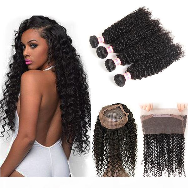 

360 lace frontal with 2 3 bundles brazilian peruvian indian malaysian curly virgin human hair weaves 8a grade kinky curly hair with closure, Black;brown