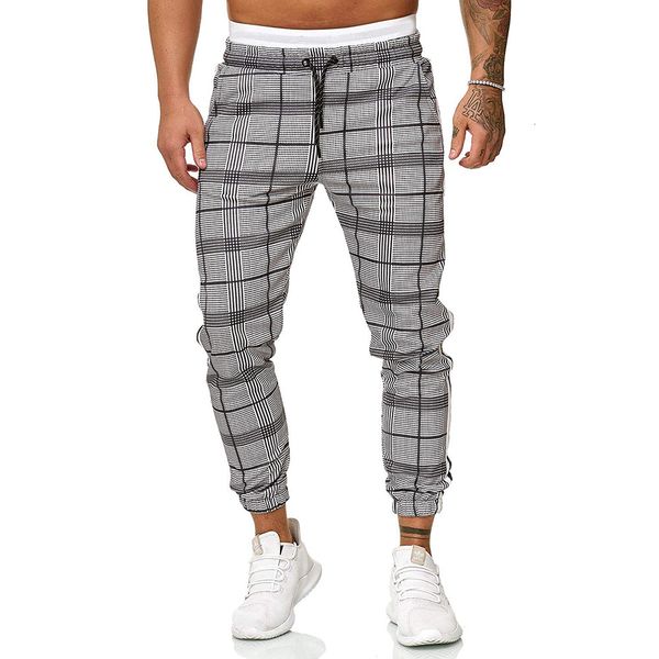 

2020 new european men's fashion plaid stitching drawstring casual leggings sports pants, Black