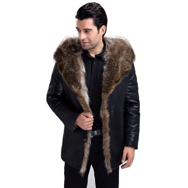 

abou men's fur coat with fur hooded fashion leather jacket for real lined mens overcoat 201119, Black