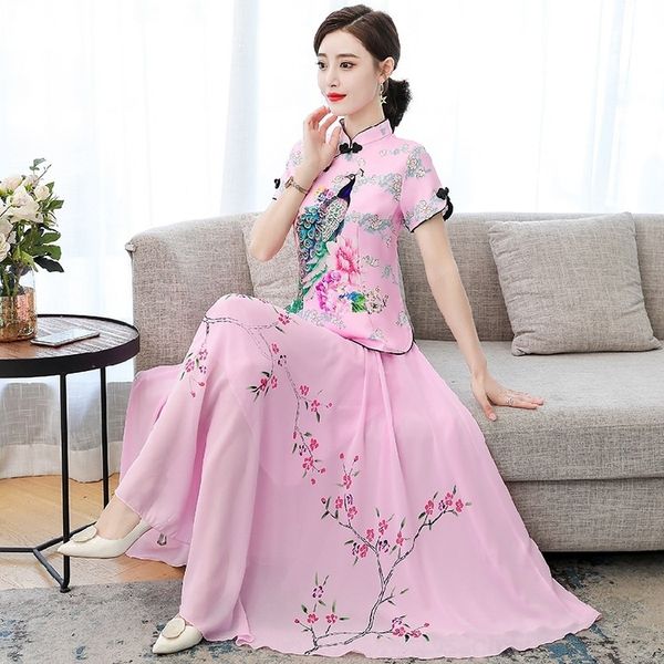 

vwskk 2020 new hanfu dress skirttwo women's improved suit chinese style qipao cheongsam skirt tang formal dress tang piece tea suit y4h, Black;gray