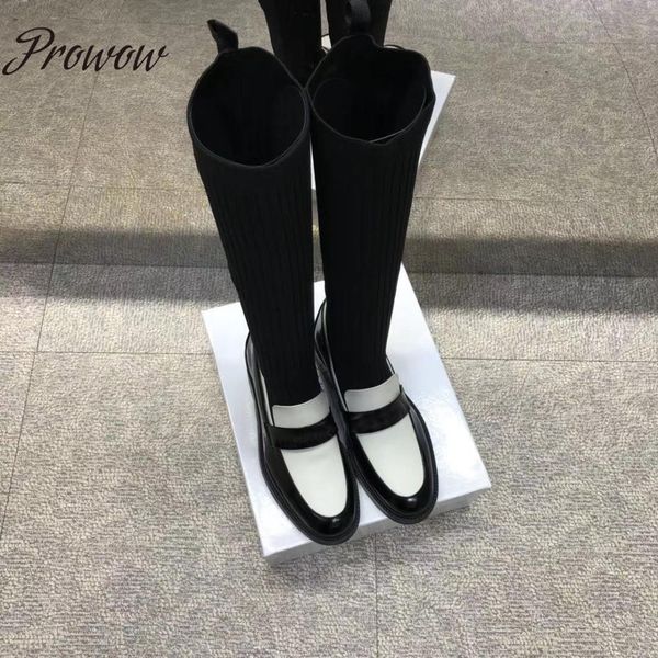 

ollymurs knitted stretch slip on knee high boots round toe thick heel low heel boots shoes women, Black
