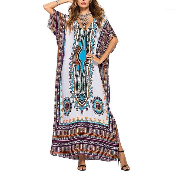 

women's swimwear casual print long dress v neck batwing half sleeve ankle length women dresses1, White;black