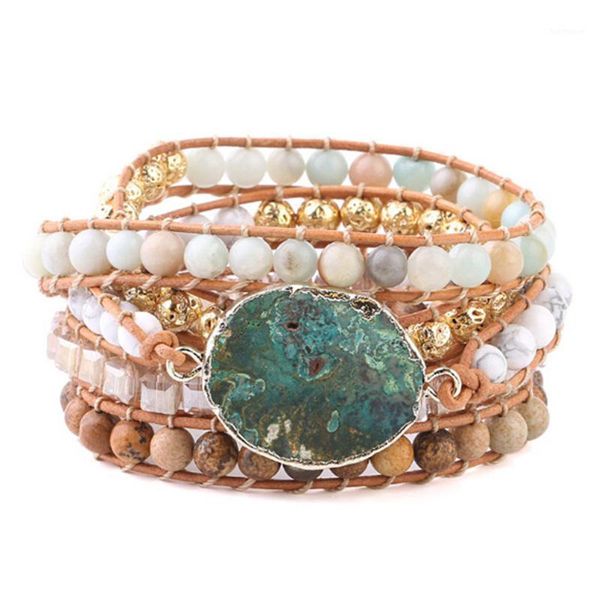 

bohemian new natural ocean onyx charm bracelet long multi-layer winding wrap bracelet 6mm amazonite howlite beads women1, Golden;silver