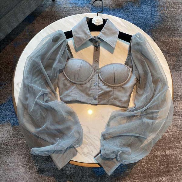 

high street fashion 2020 designer dress women's turn-down collar lantern sleeve gauze patchwork short shirt blouse, White