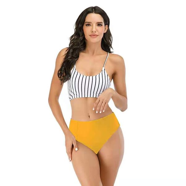 

bikini white bar print high waisted swimsuit women 2020 new cross border foreign trade express bikini 002