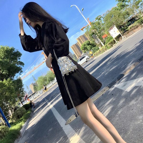 

autumn long sleeve dress new femininity black thin gentle lazy style ins super fire small black dress nrfjq, Black;gray