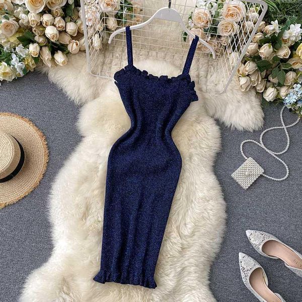 

amolapha women knit ruffles shinner dress vestidos woman casual sleeveless straps dresses1, Black;gray