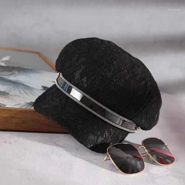 

beret women summer thin hat breathable lace wild navy style octagonal hat1, Blue;gray