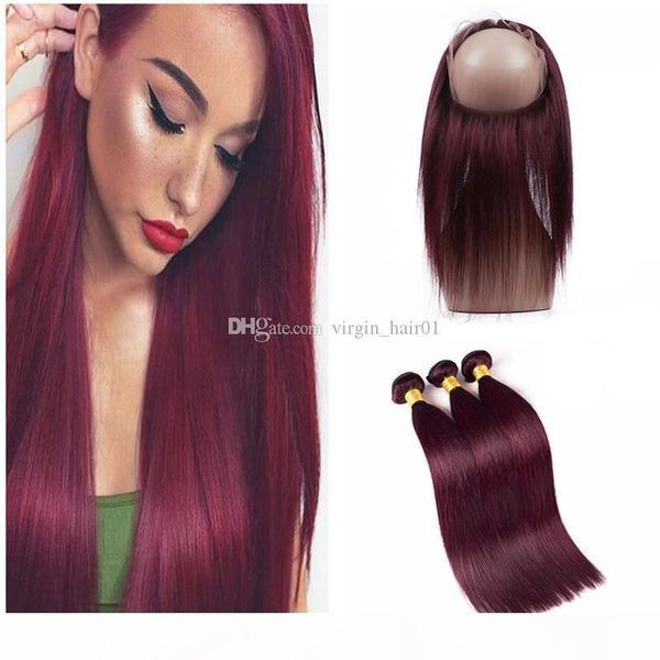 

brazilian burgundy hair bundles with 360 lace frontal closure 99j wine red straight human hair weaves with pre plucked 360 lace band frontal, Black;brown