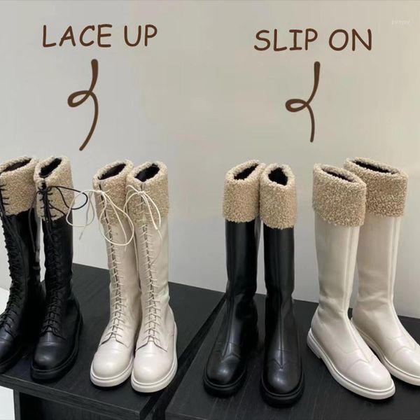 

monmoira fluffy lambswool knee boots women lace up cross-tied platform boots women warm winter shoes botas mujer1, Black