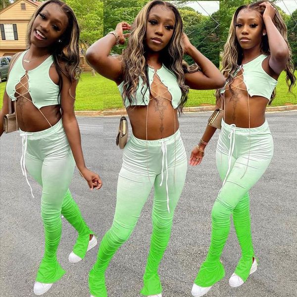 

stacked leggings two piece set women crop pants flare splite out jogging femme summer clothes for women, Gray