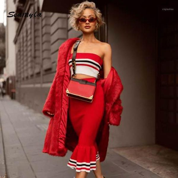 

seamyla new fashion red two piece sets women strapless bodcyon bandage suits mid calf lenght club party runway suits 20181, White