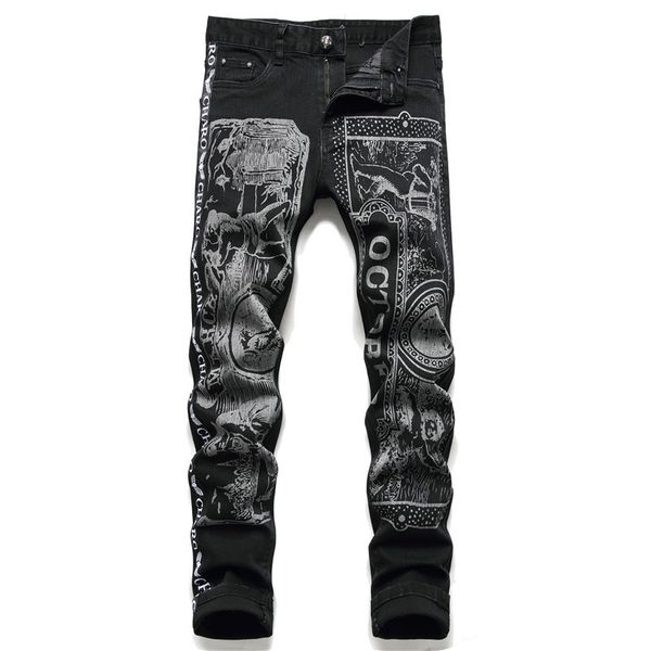 

2021 new men's male autumn winter print black jeans denim trousers slim stripes chinese style personalized floral pants ufuw, Blue