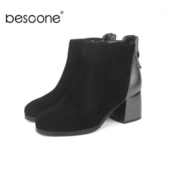 

bescone handmade women boots comfortable round toe zipper high heel shoes winter casual genuine leather warm ladies boots bc2211, Black