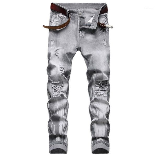 

hole denim jeans men solid color gray slim washed full length streetwear ripped straight casual trousers wild1, Blue