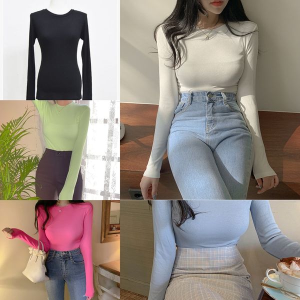 

south korea 2020 coat t-shirt autumn winter new simple basic thick and slim long sleeve base t-shirt women's j0tsj, White